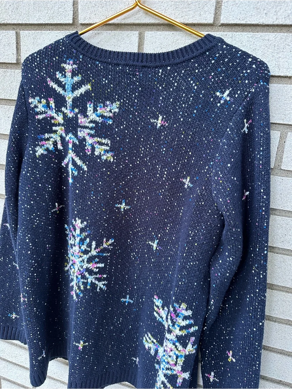 J.Jill Navy Tweeded Snowflake Sweater L Winter Holiday Cozy Christmas Knit